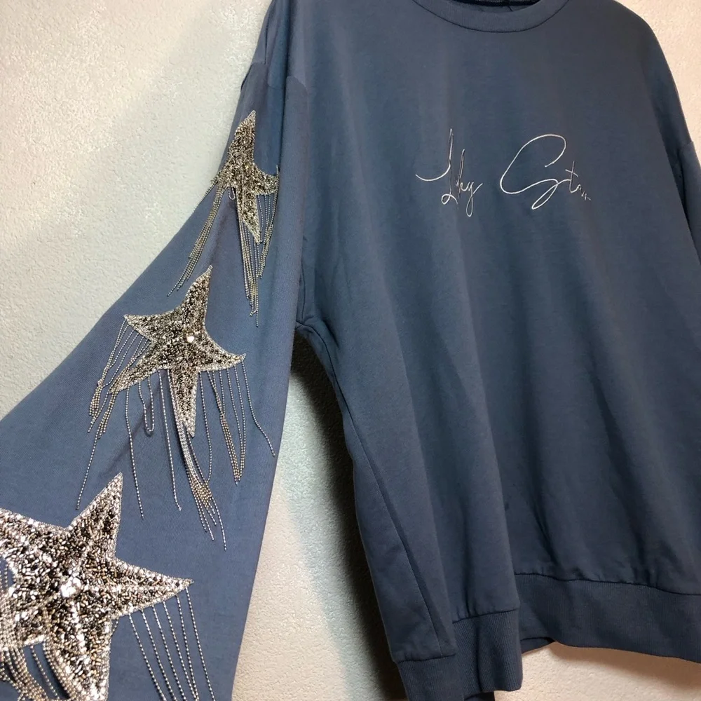 Blue Lucky Star Sweatshirt with Silver Star Accents